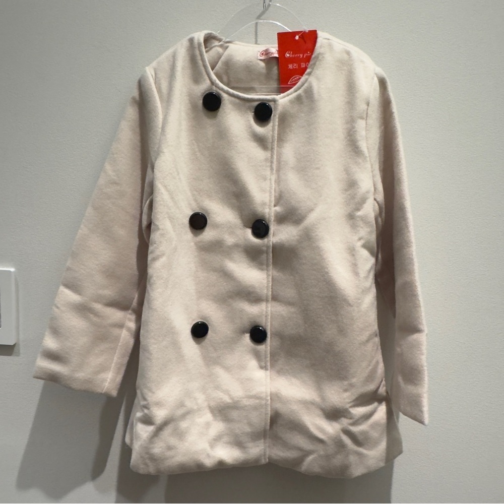 NWT- Cherry Pie Kids Pie Coat Cream Double-Breasted with Black Buttons Size 140 - Picture 5 of 9